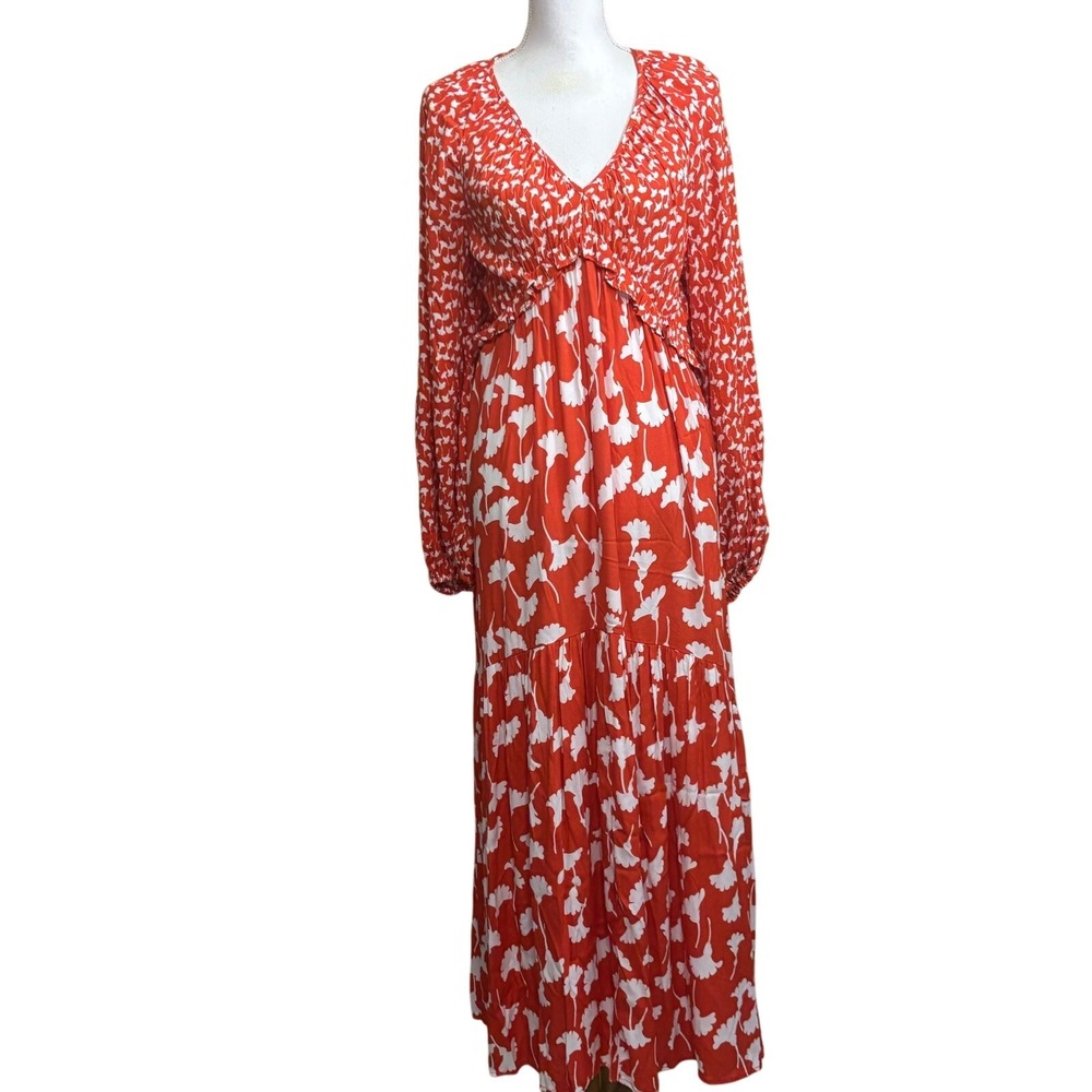 Diane von Furstenberg Target Red White Ginkgo Floral Maxi Dress Smocked Medium